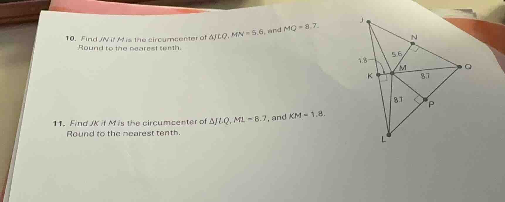 10. find $jn$ if $m$ is the circumcenter of $\\triangle jlq$, $mn = 5.6…