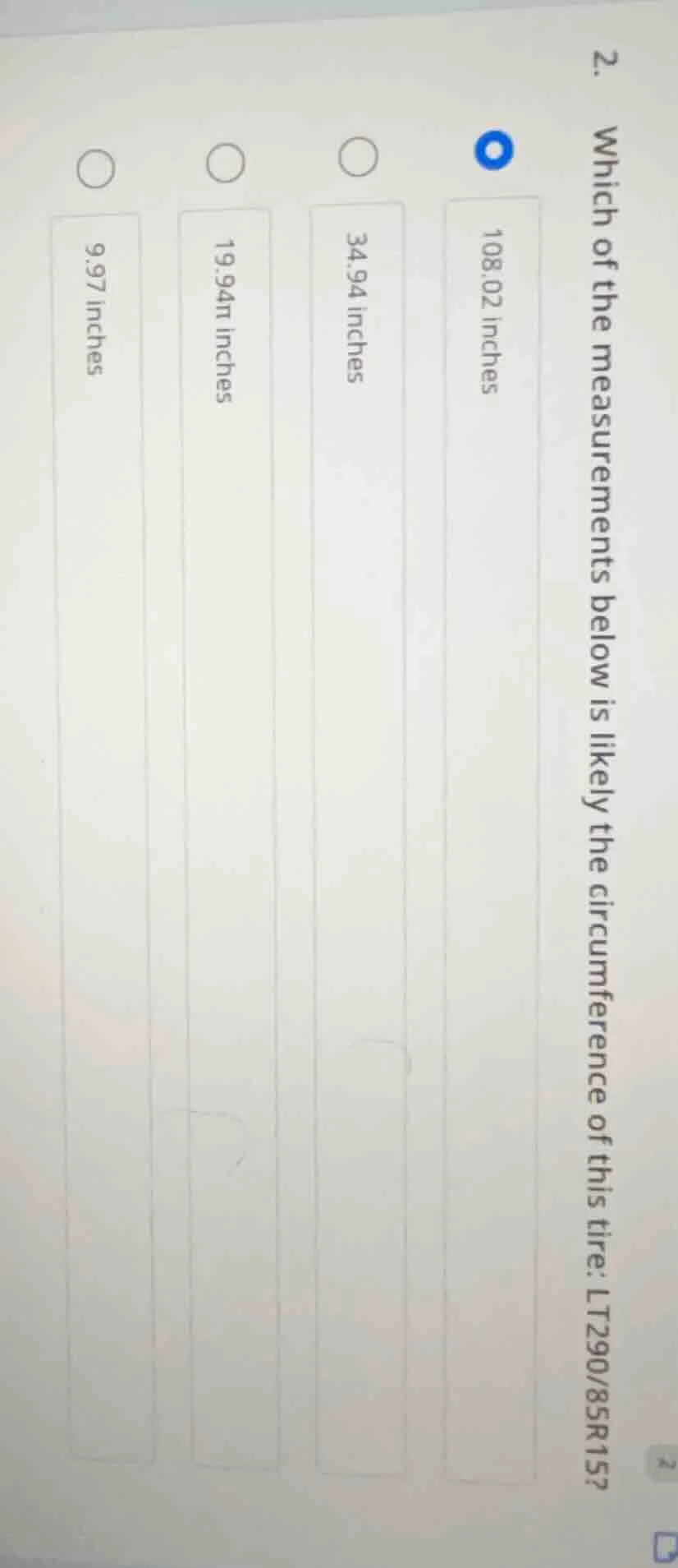 2. which of the measurements below is likely the circumference of this …