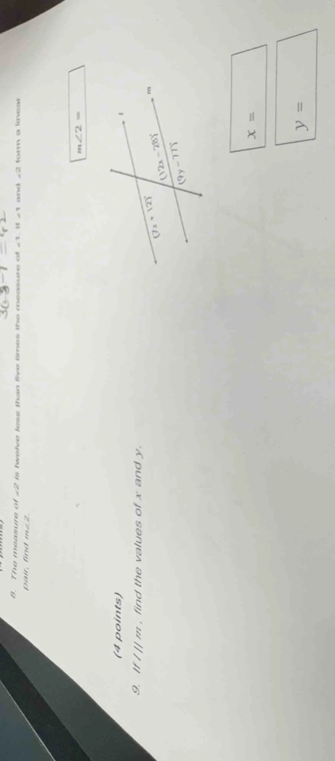 (4 points) 8. the measure of ∠2 is twelve less than five times the meas…