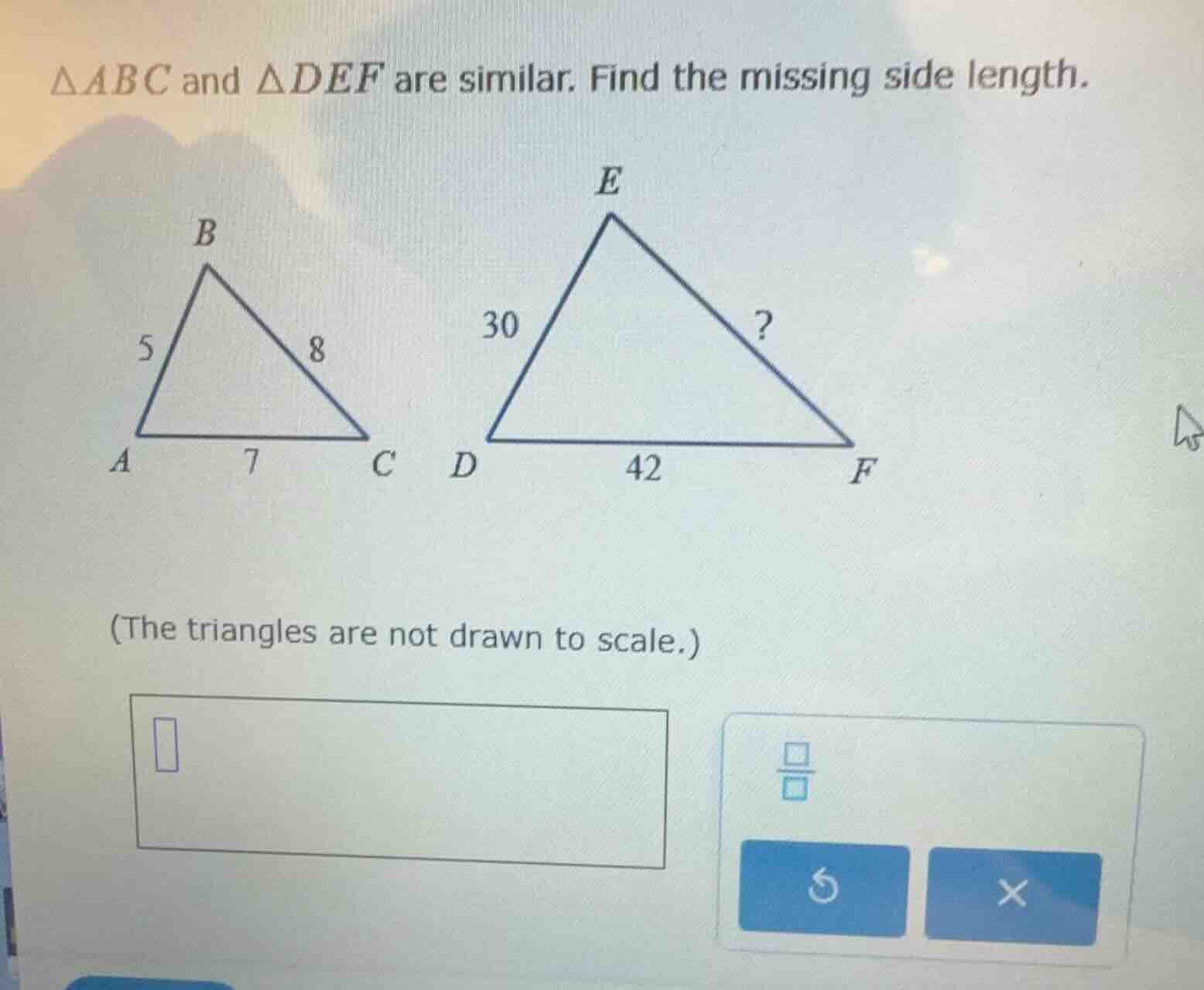 $\\triangle abc$ and $\\triangle def$ are similar. find the missing sid…