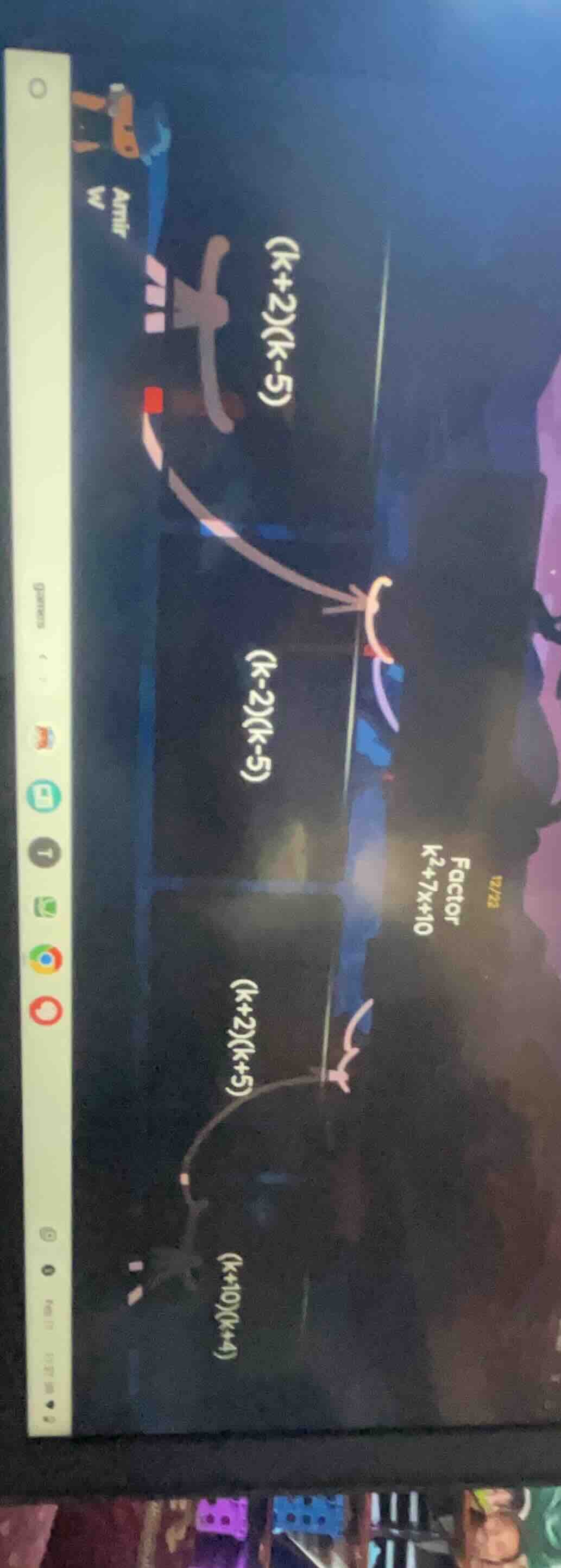 12/22 factor $k^2+7k+10$ $(k+2)(k-5)$ $(k-2)(k-5)$ $(k+2)(k+5)$ $(k+10)…