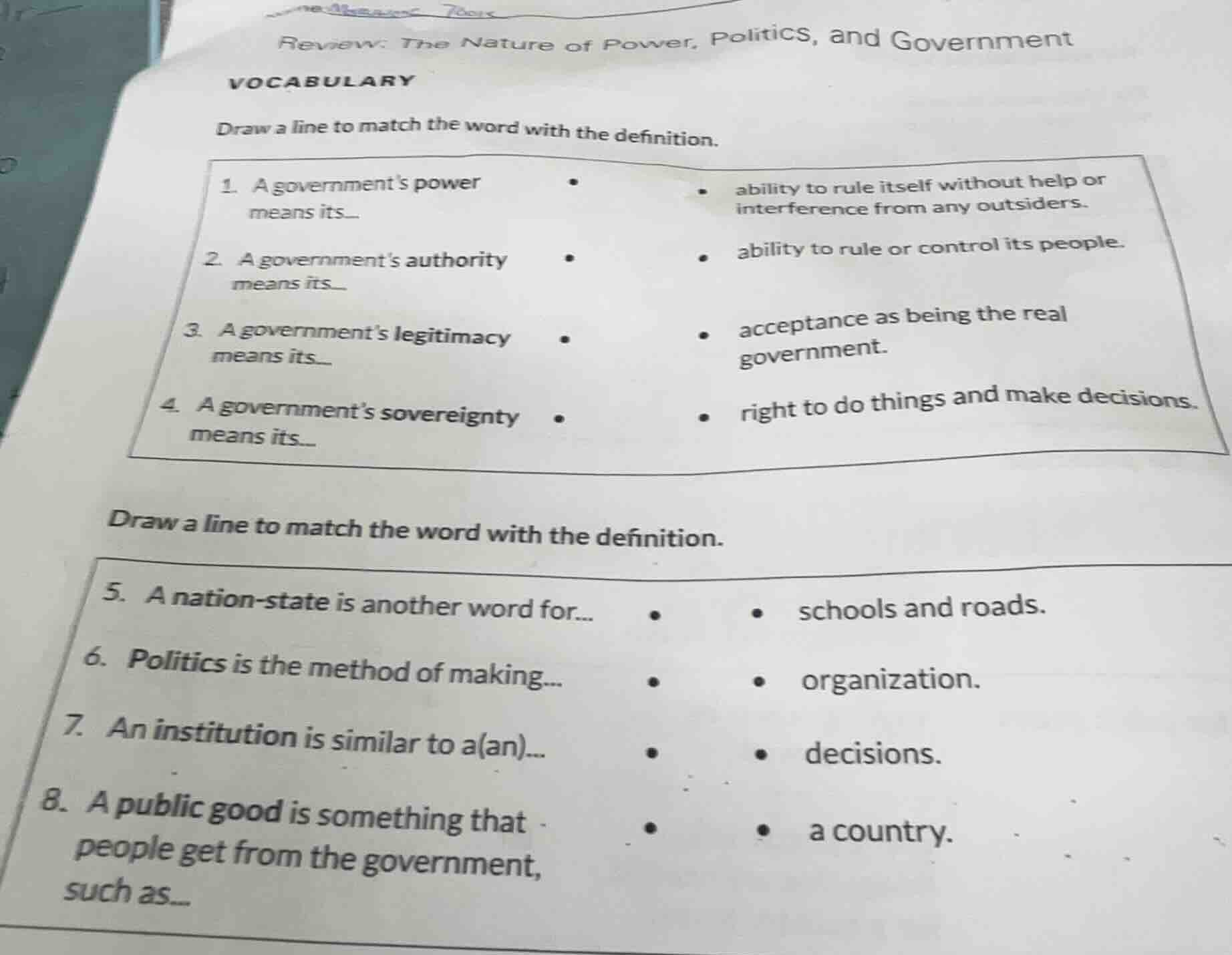 review: the nature of power, politics, and government vocabulary draw a…