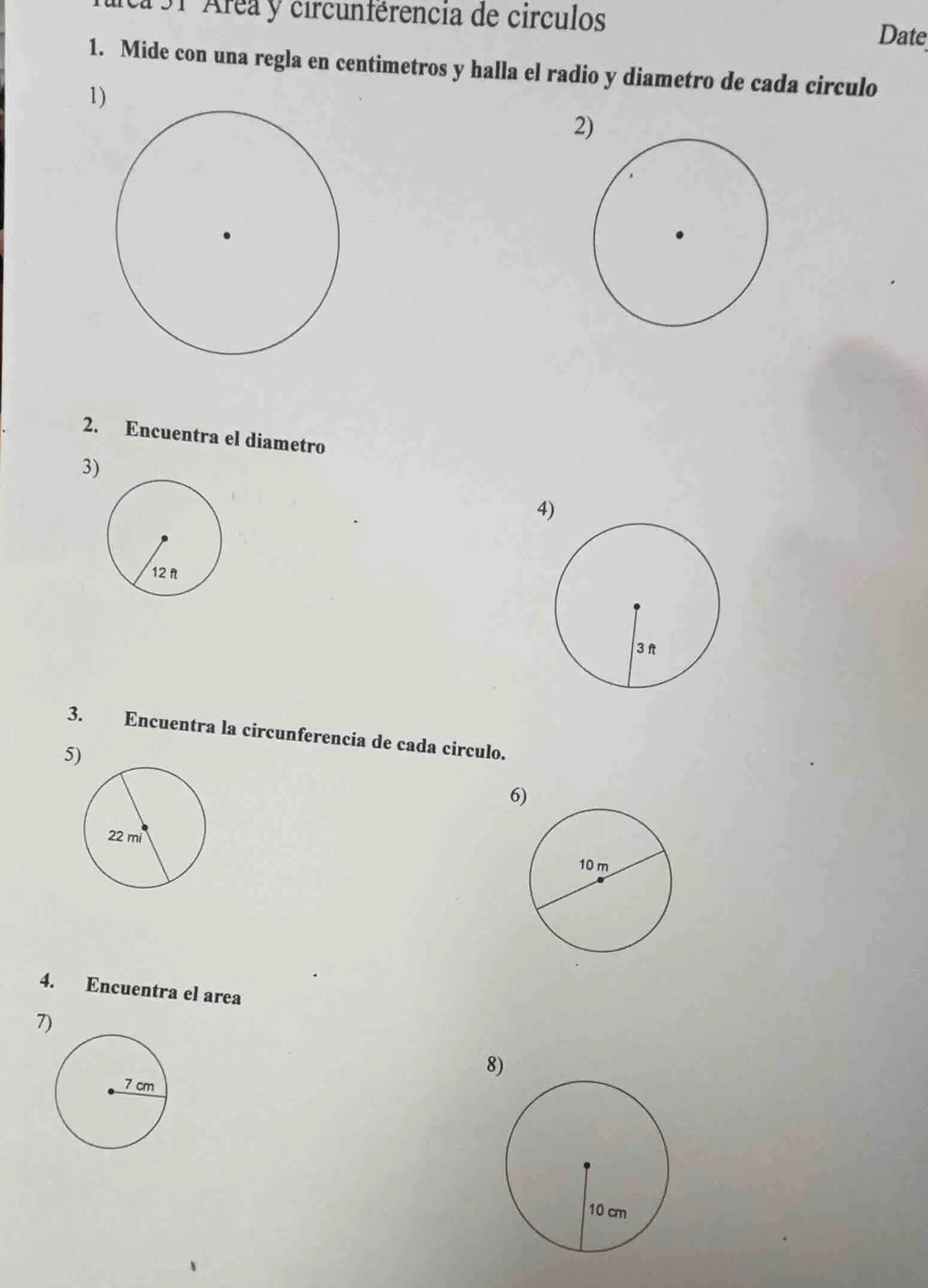area y circunferencia de circulos date 1. mide con una regla en centime…