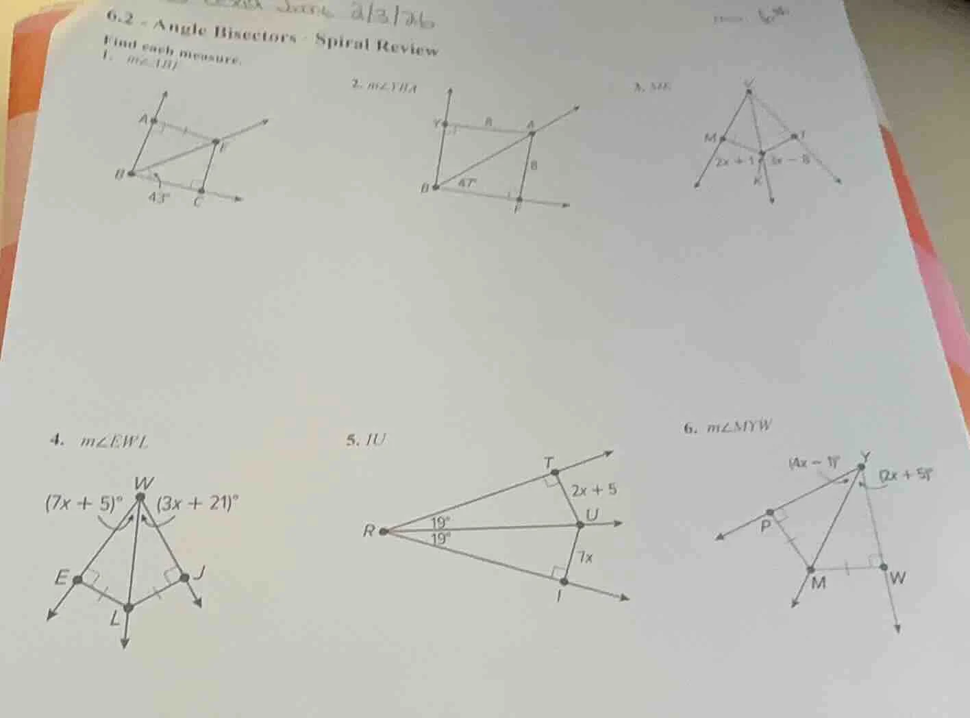 6.2 - angle bisectors - spiral review find each measure. 1. $m\\angle a…