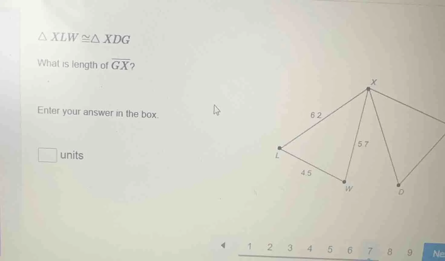 $\\triangle xlw \\cong\\triangle xdg$ what is length of $\\overline{gx}…