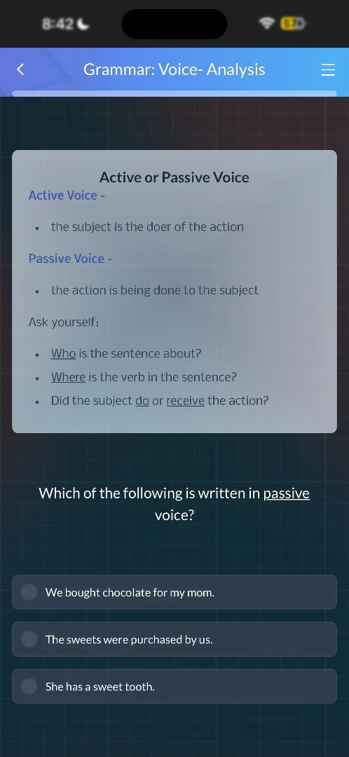 grammar: voice- analysis active or passive voice active voice - - the s…