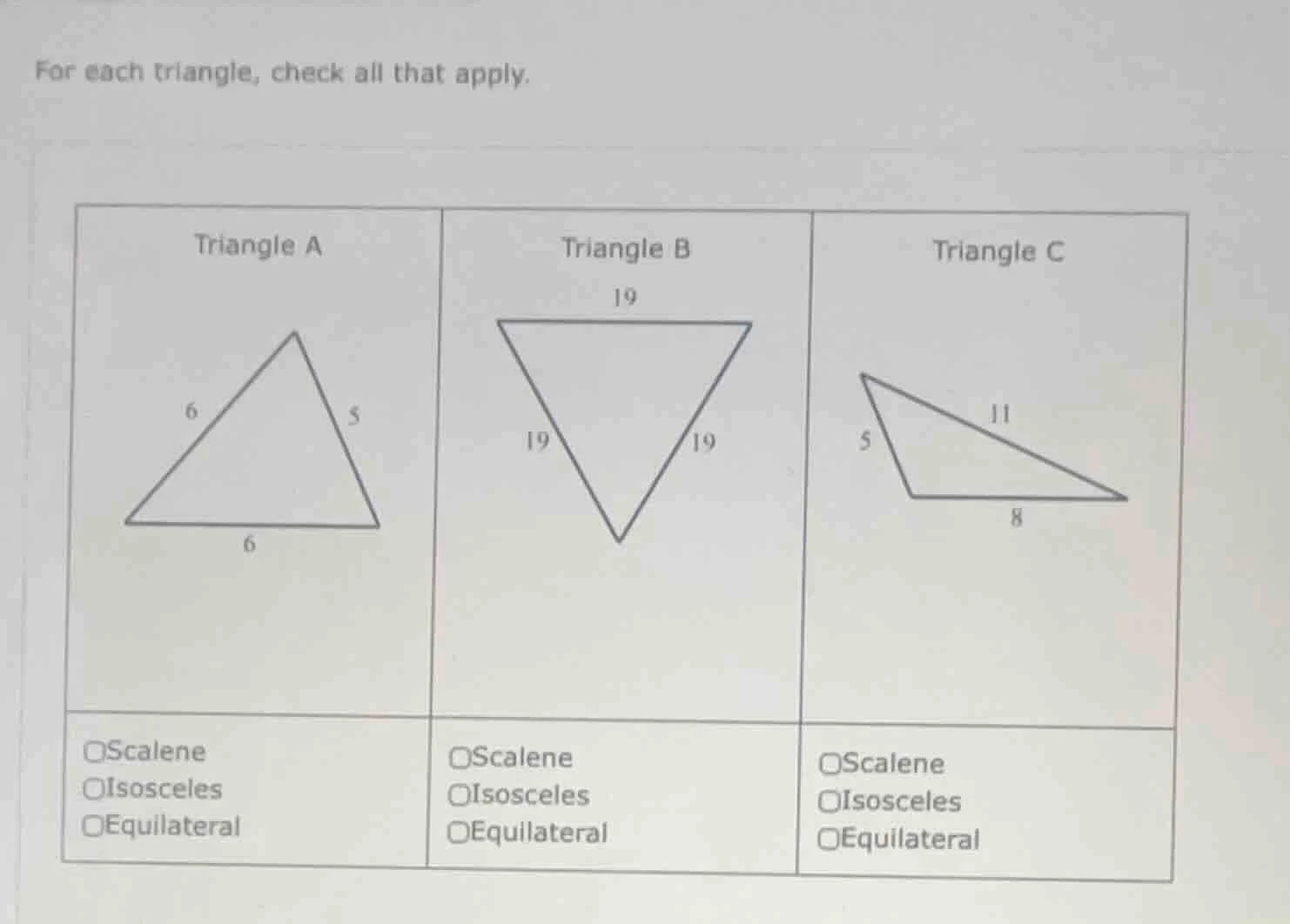 for each triangle, check all that apply. triangle a triangle b triangle…