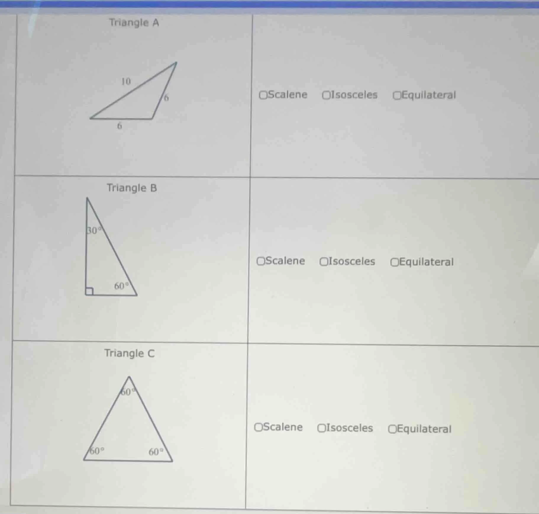 triangle a □scalene □isosceles □equilateral triangle b □scalene □isosce…
