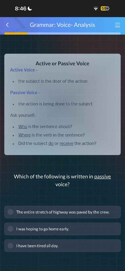 grammar: voice- analysis active or passive voice active voice - - the s…