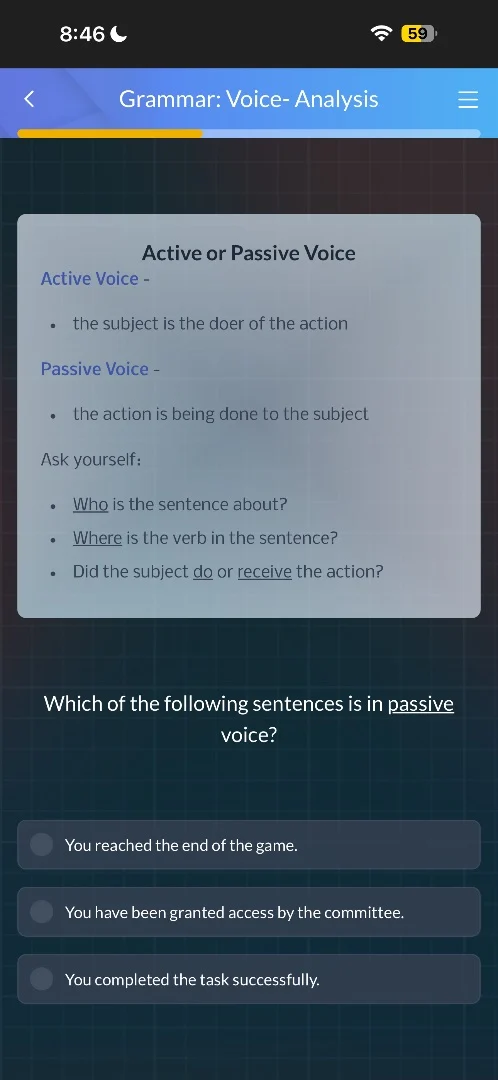 grammar: voice- analysis active or passive voice active voice - - the s…