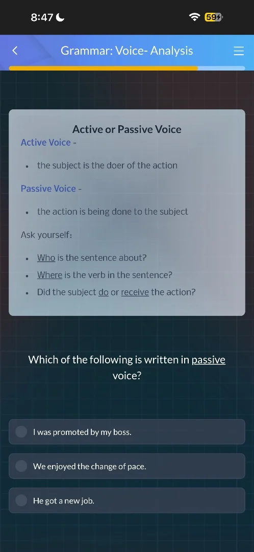 grammar: voice- analysis active or passive voice active voice - - the s…