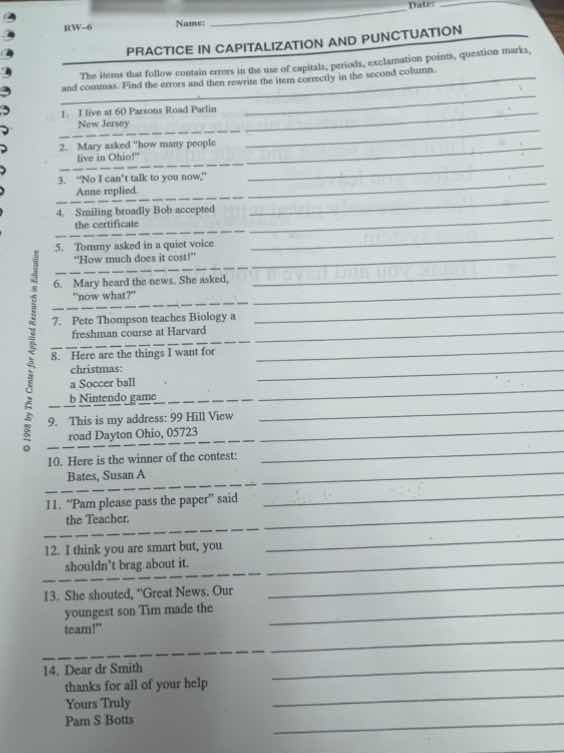 name: date: rw-6 practice in capitalization and punctuation the items t…
