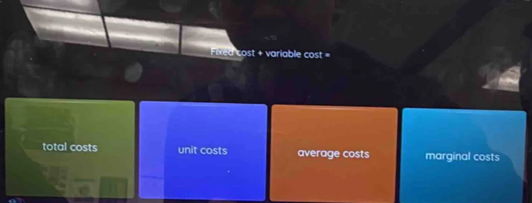 fixed cost + variable cost = total costs unit costs average costs margi…