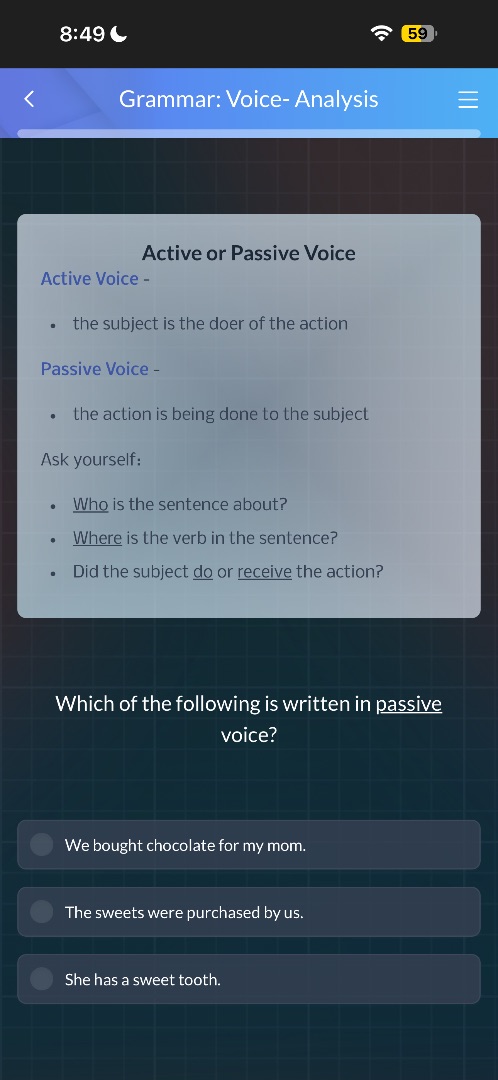grammar: voice- analysis active or passive voice active voice - - the s…