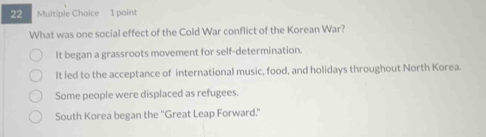 22 multiple choice 1 point what was one social effect of the cold war c…