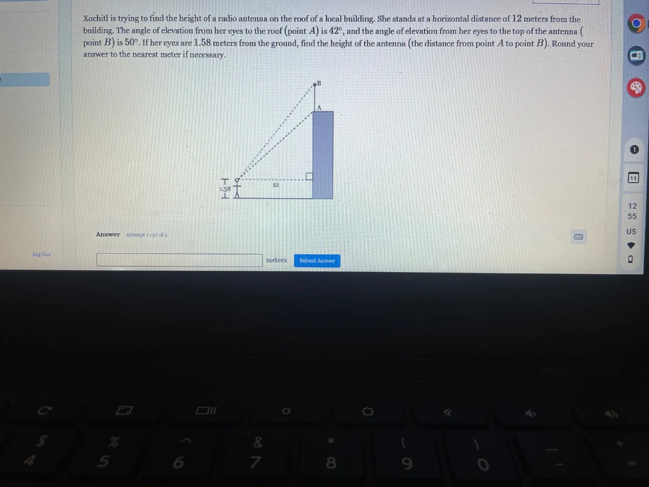 xochitl is trying to find the height of a radio antenna on the roof of …