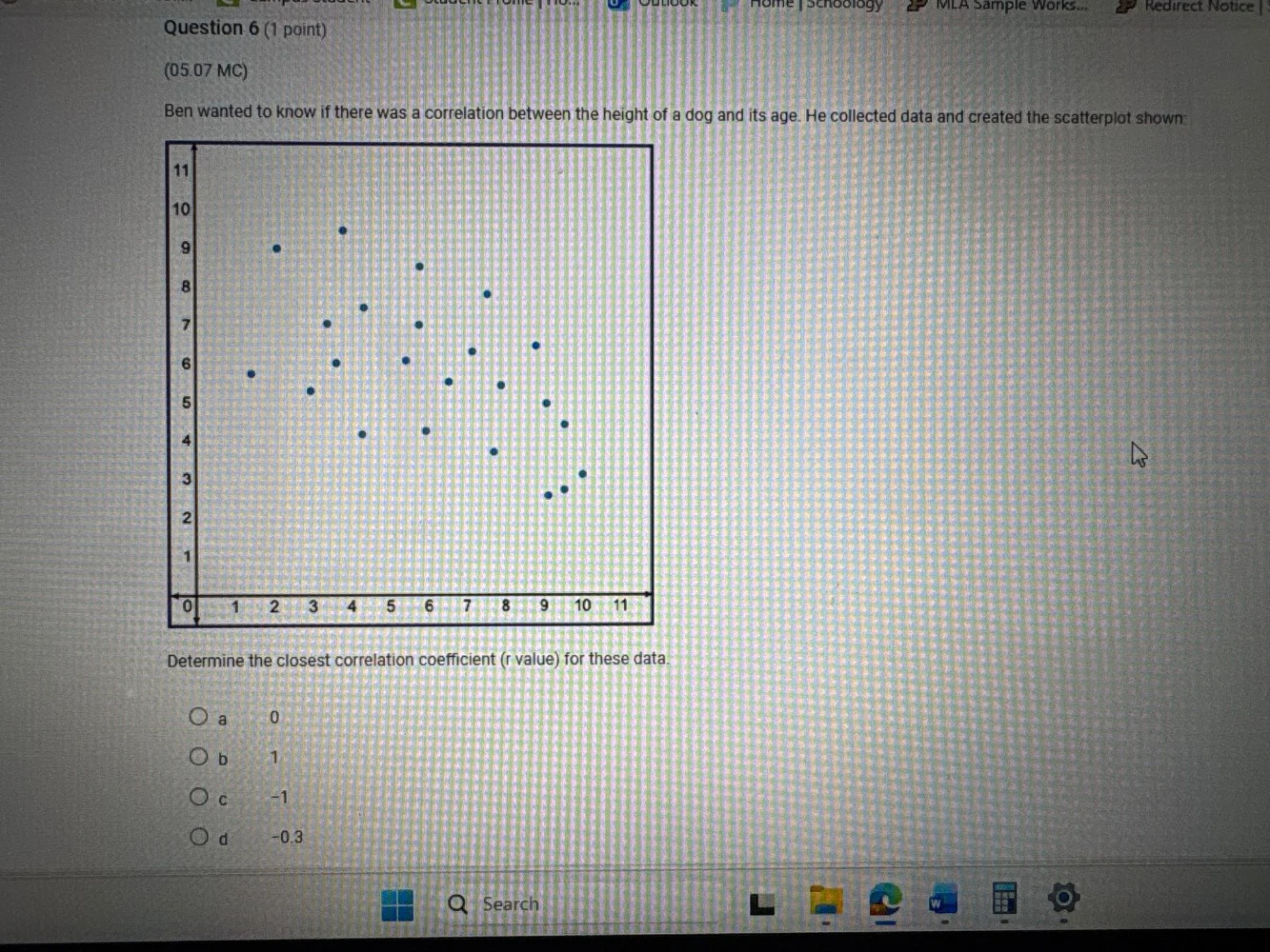 question 6 (1 point)(05.07 mc)ben wanted to know if there was a correla…