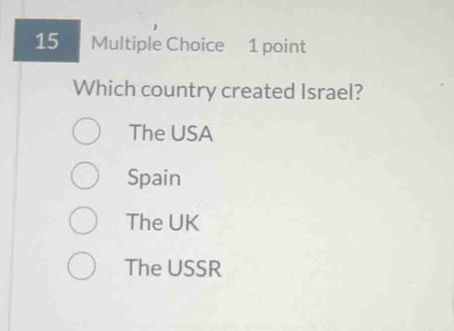 15 multiple choice 1 point which country created israel? the usa spain …