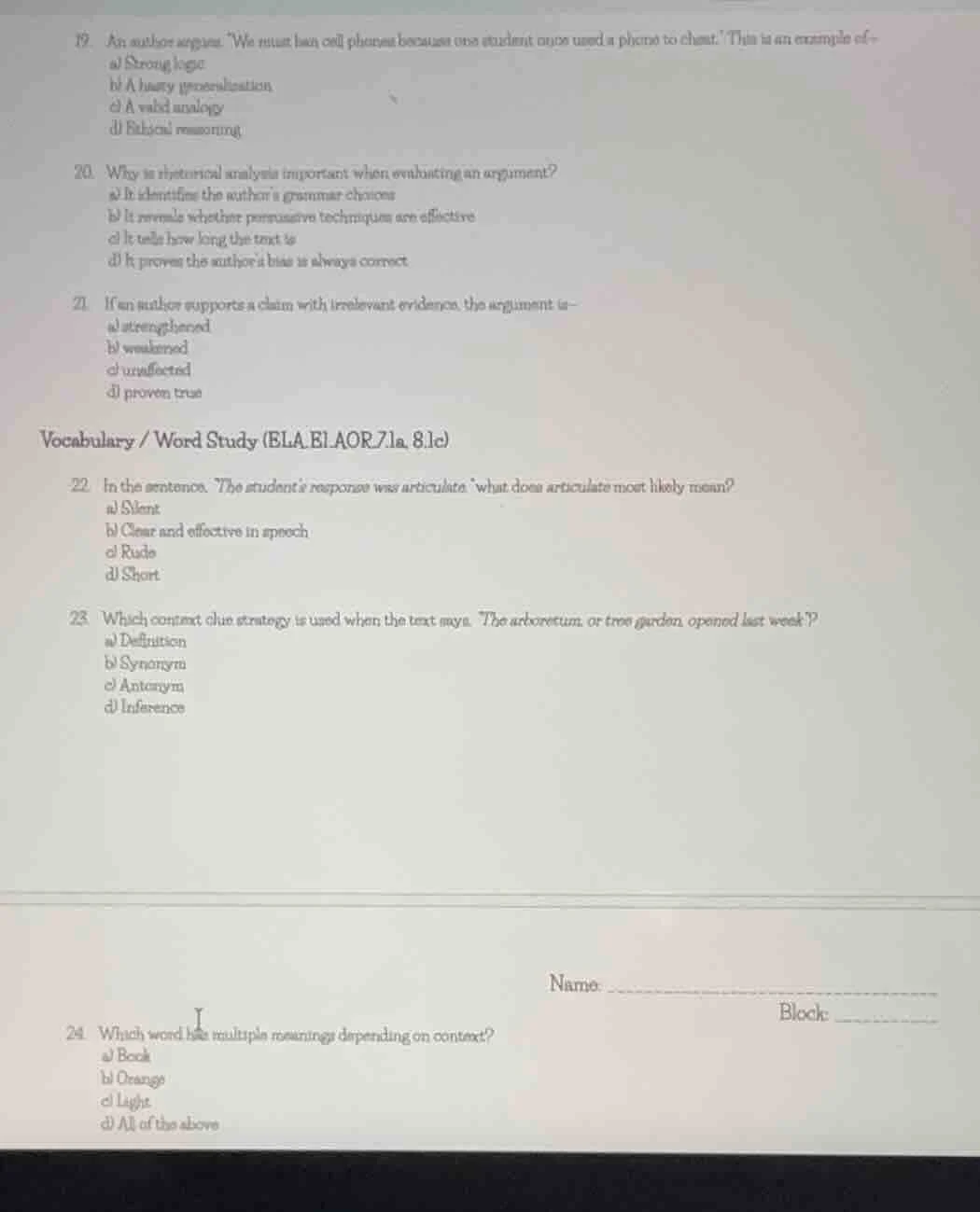 19. an author argues: we must ban cell phones because one student once …