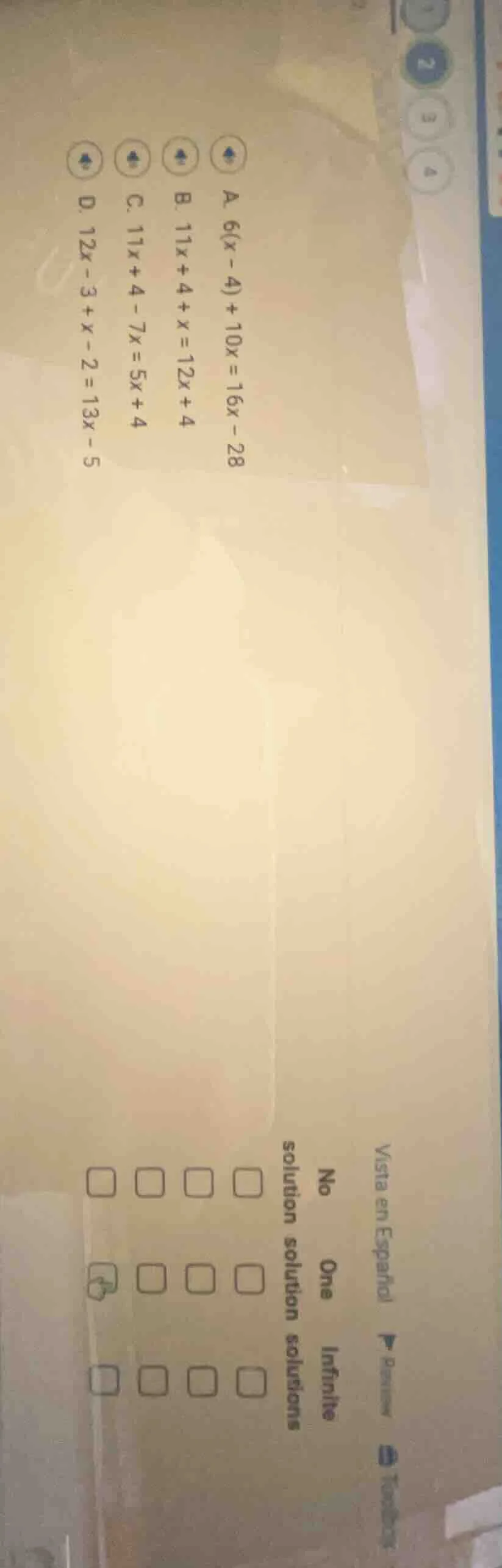 match each equation to the number of solutions it has:a. $6(x - 4)+10x …