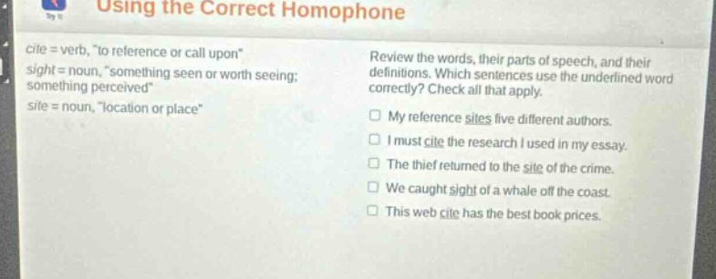 using the correct homophone cite = verb, \to reference or call upon\ si…