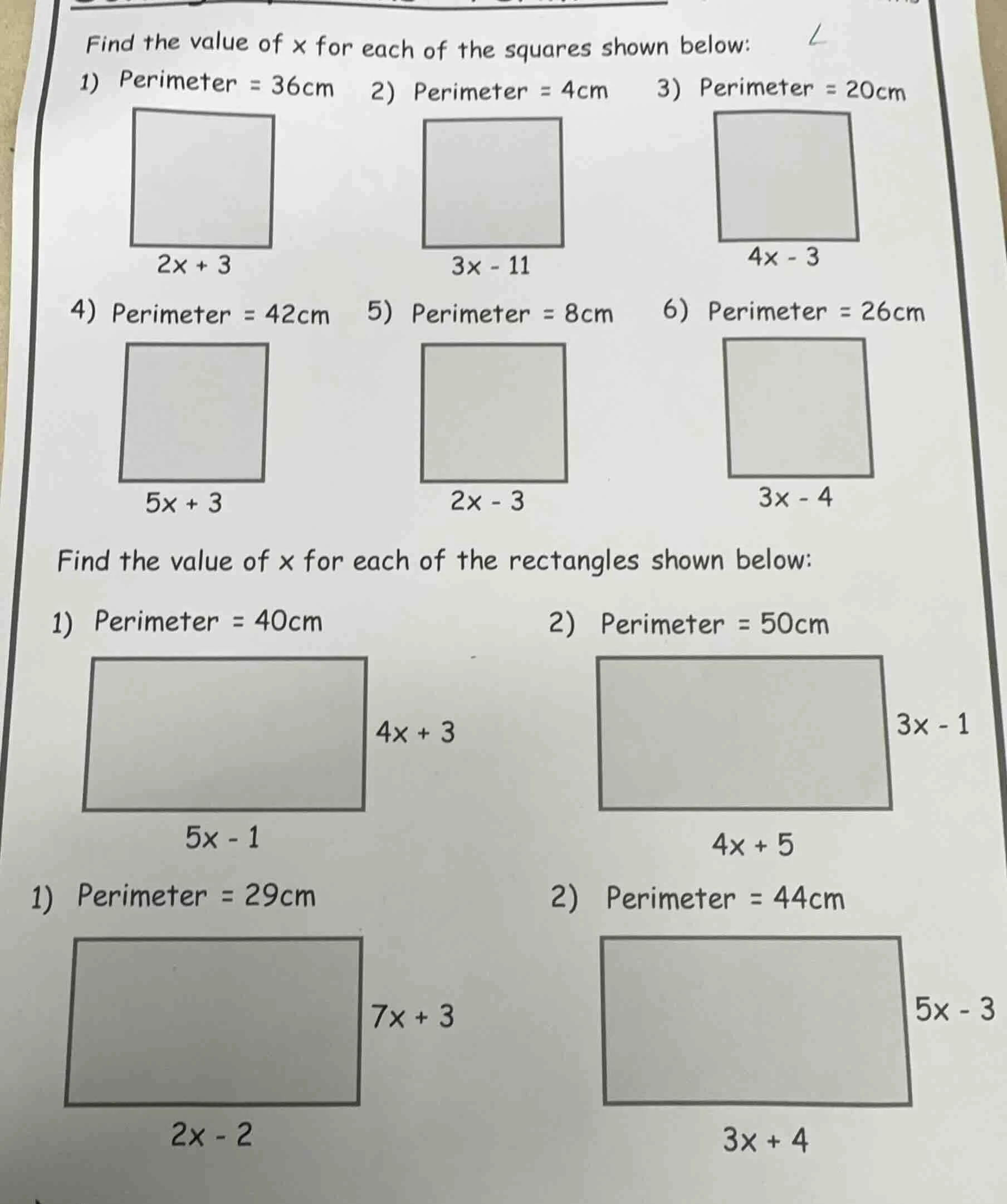 find the value of $x$ for each of the squares shown below: 1) perimeter…