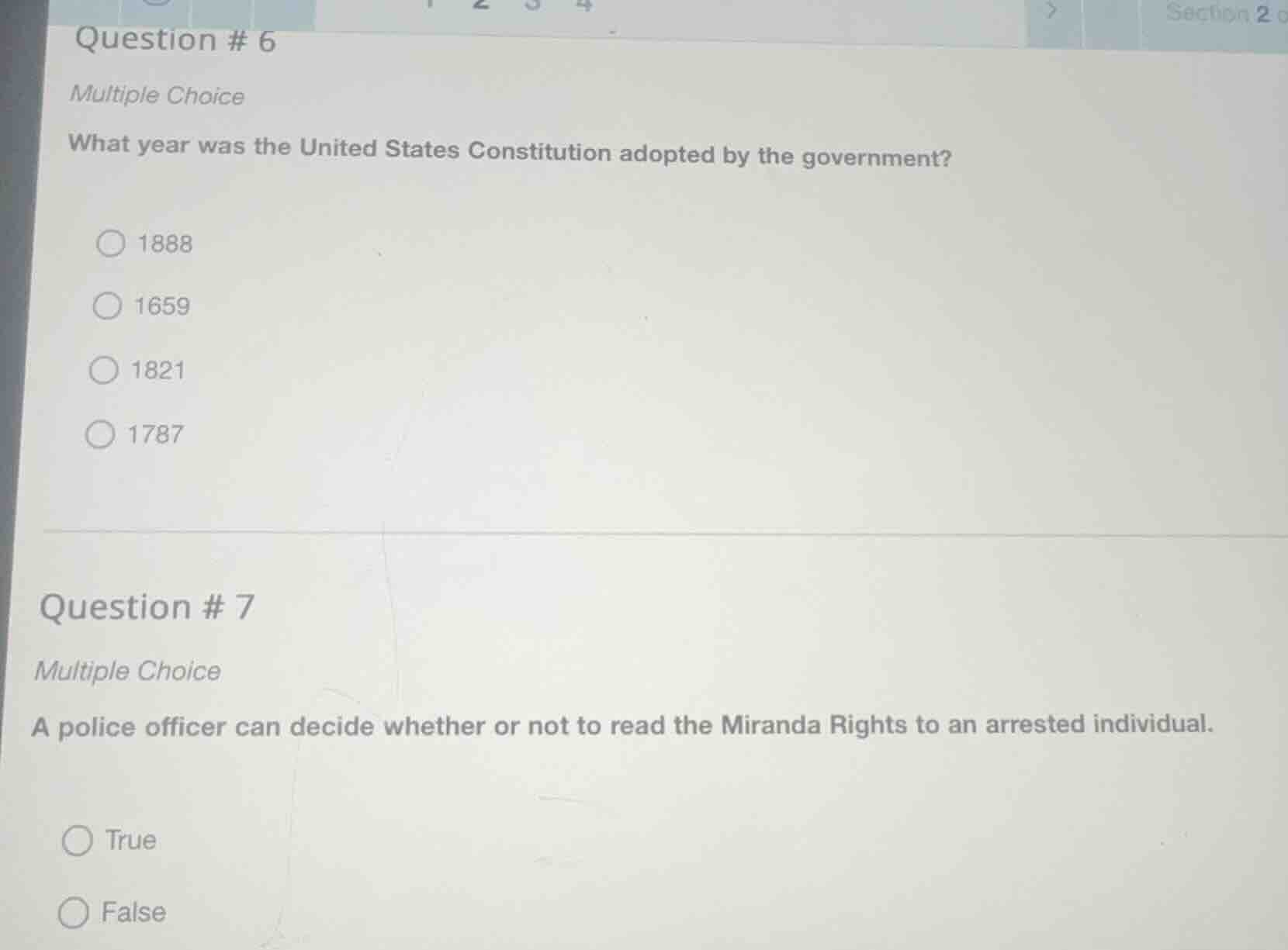 question # 6 multiple choice what year was the united states constituti…