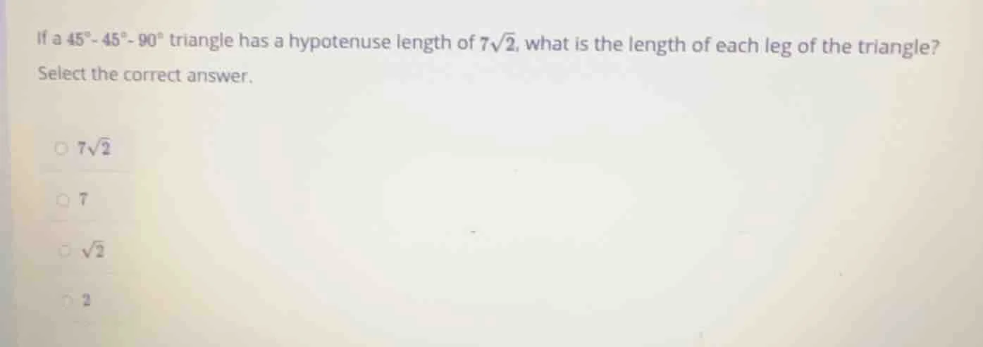 if a $45^\\circ$-$45^\\circ$-$90^\\circ$ triangle has a hypotenuse leng…
