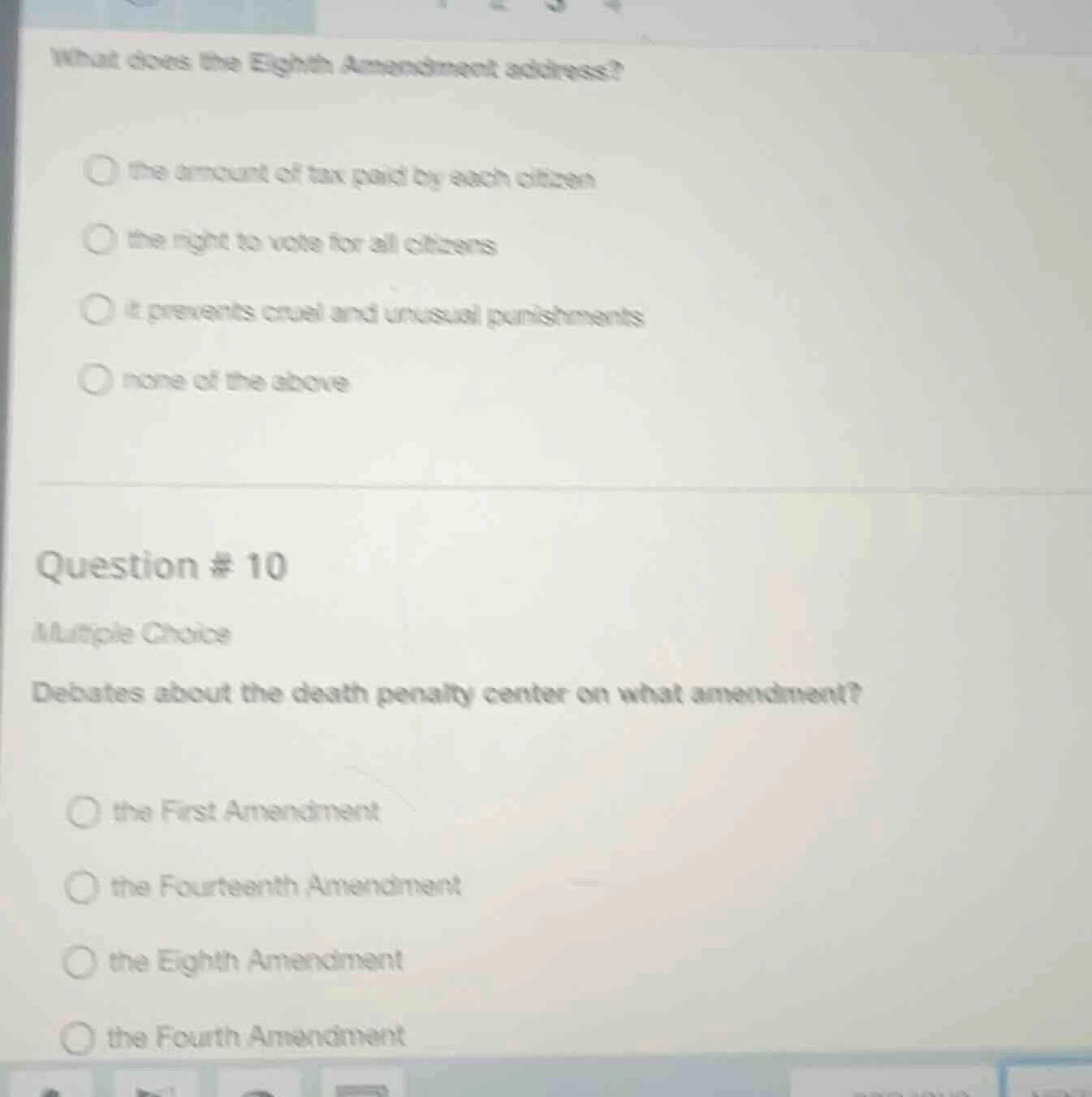 what does the eighth amendment address?○ the amount of tax paid by each…