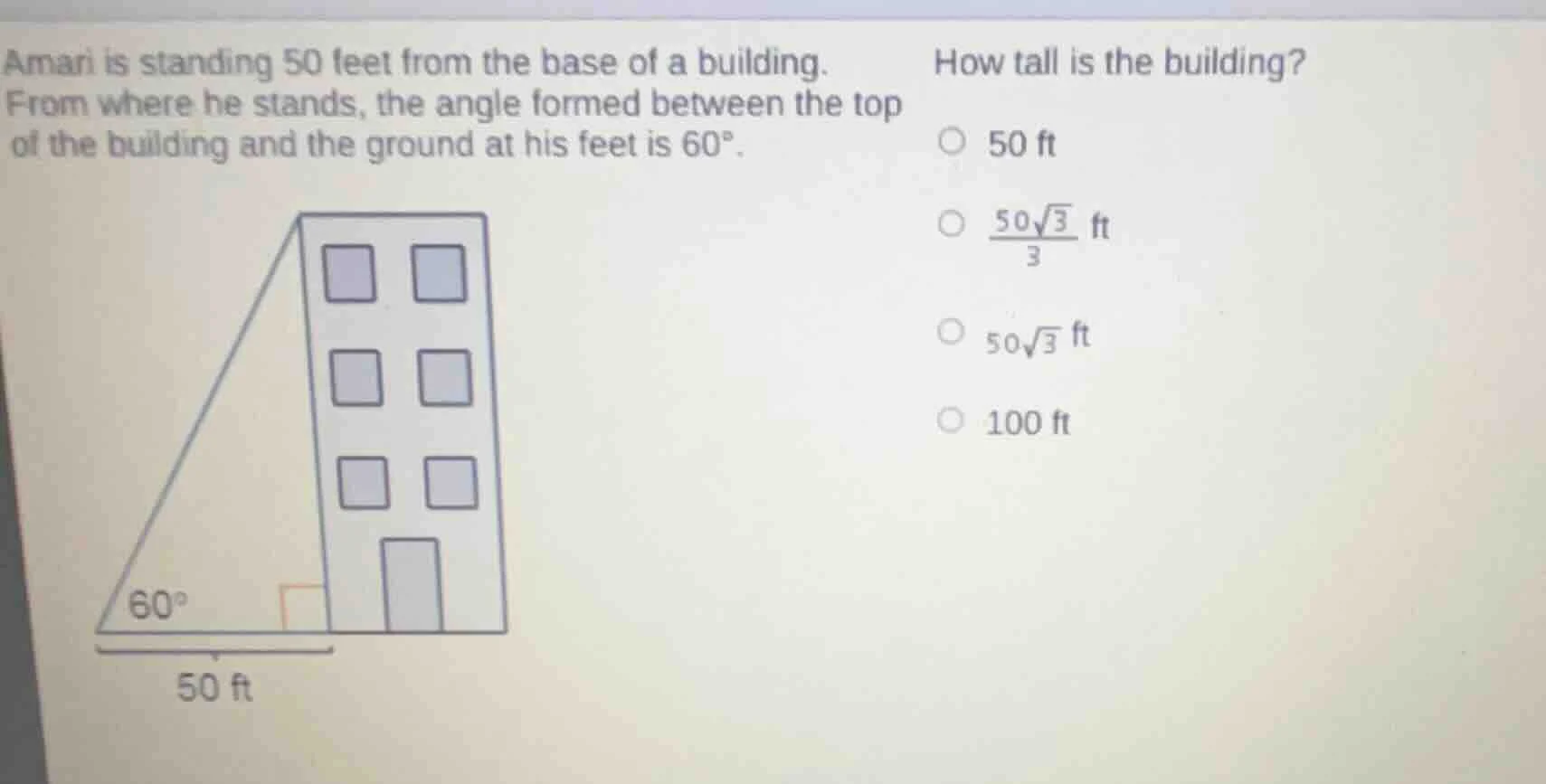 amari is standing 50 feet from the base of a building. from where he st…
