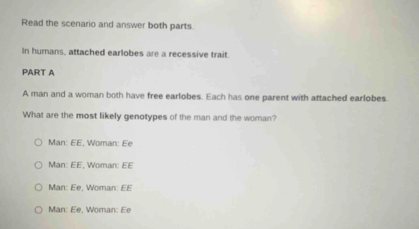 read the scenario and answer both parts. in humans, attached earlobes a…
