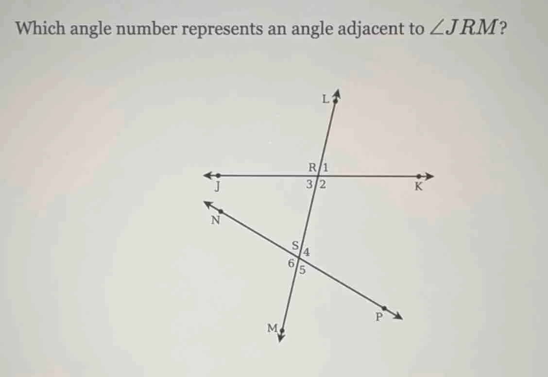 which angle number represents an angle adjacent to $angle jrm$?
