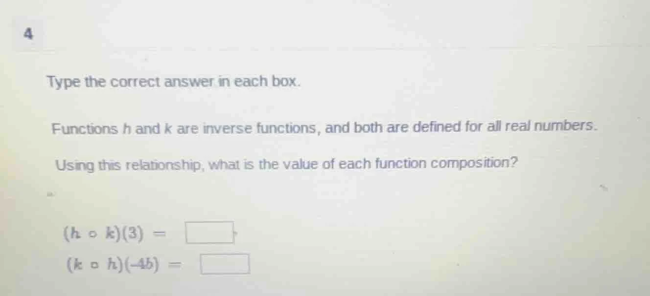 4 type the correct answer in each box. functions h and k are inverse fu…