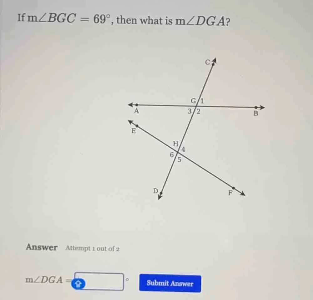if $m\\angle bgc = 69^\\circ$, then what is $m\\angle dga$? answer atte…
