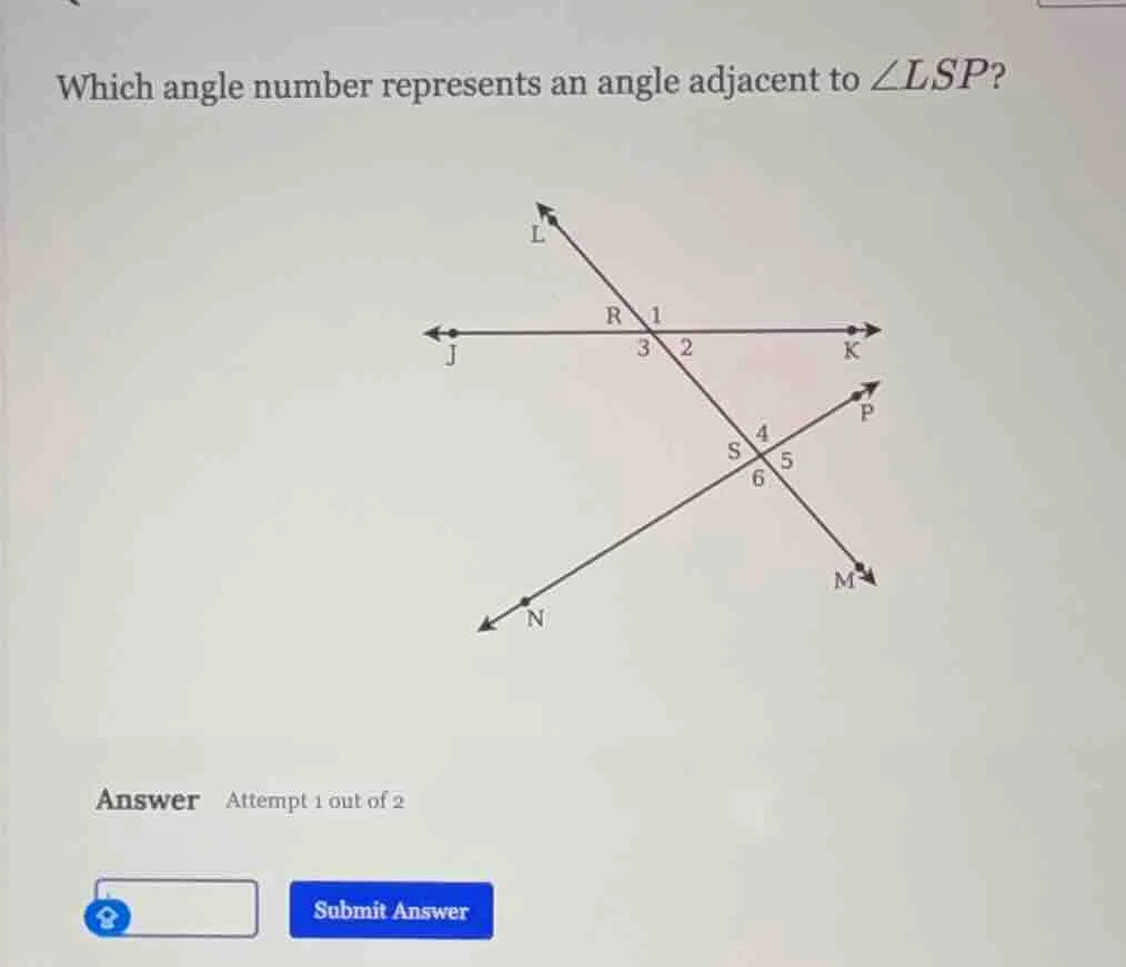 which angle number represents an angle adjacent to $angle lsp$? answer …