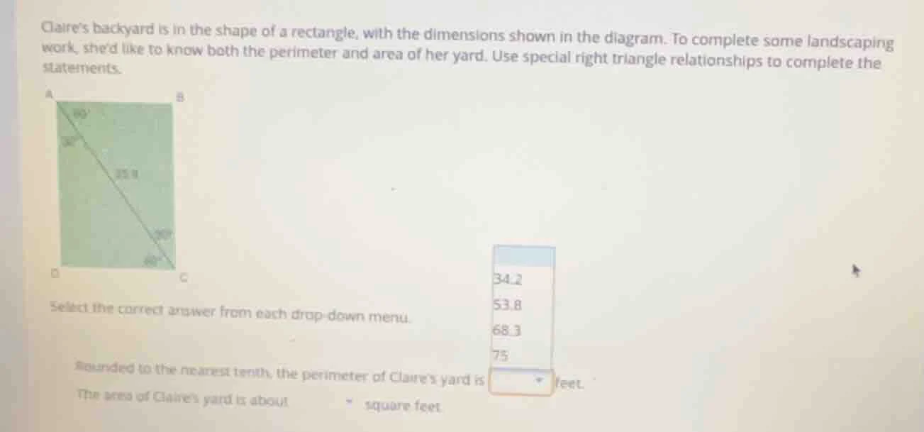 claires backyard is in the shape of a rectangle, with the dimensions sh…
