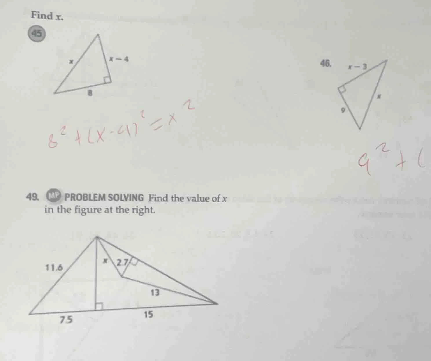 find x. 45 46. 49. problem solving find the value of x in the figure at…