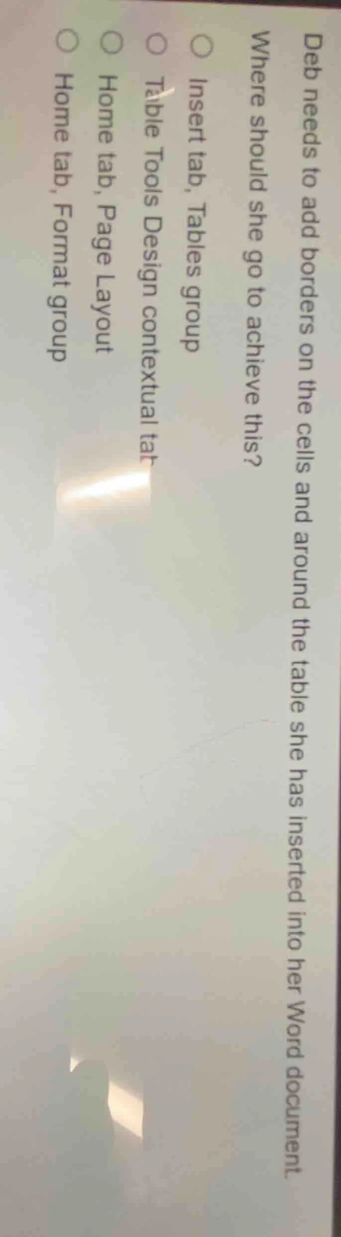 deb needs to add borders on the cells and around the table she has inse…