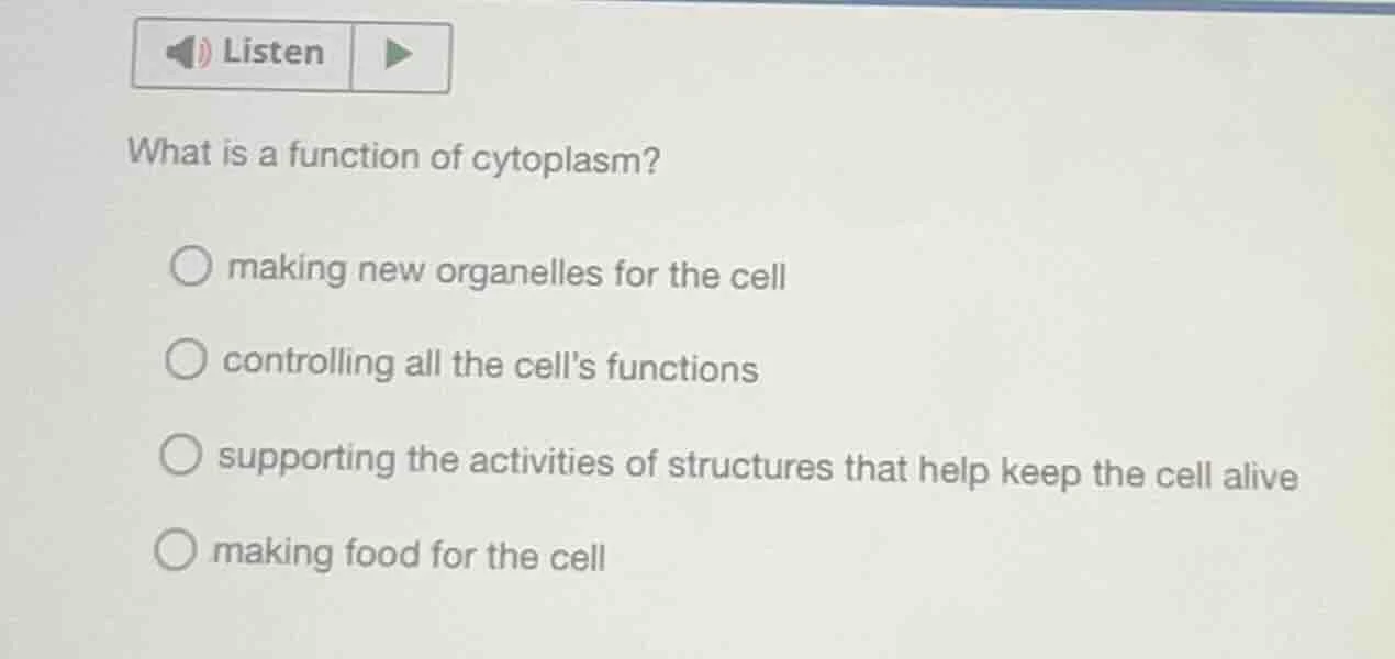 listen what is a function of cytoplasm? ○ making new organelles for the…