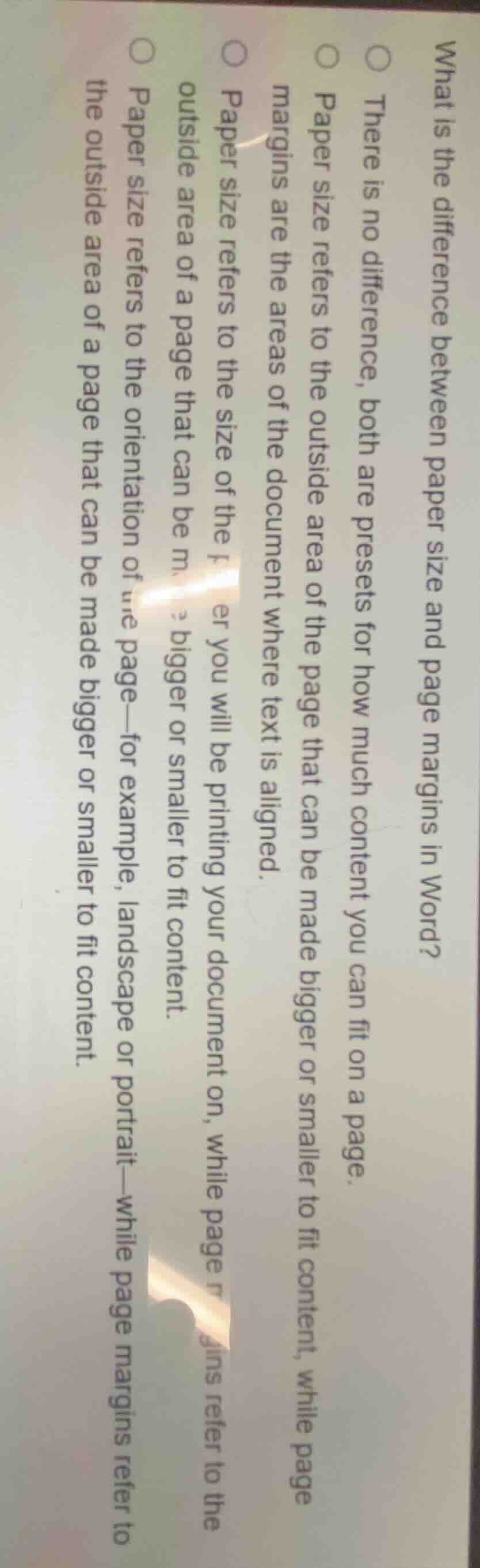 what is the difference between paper size and page margins in word?○ th…