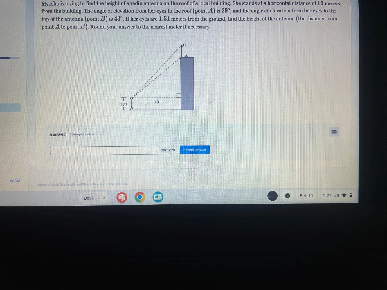 myesha is trying to find the height of a radio antenna on the roof of a…