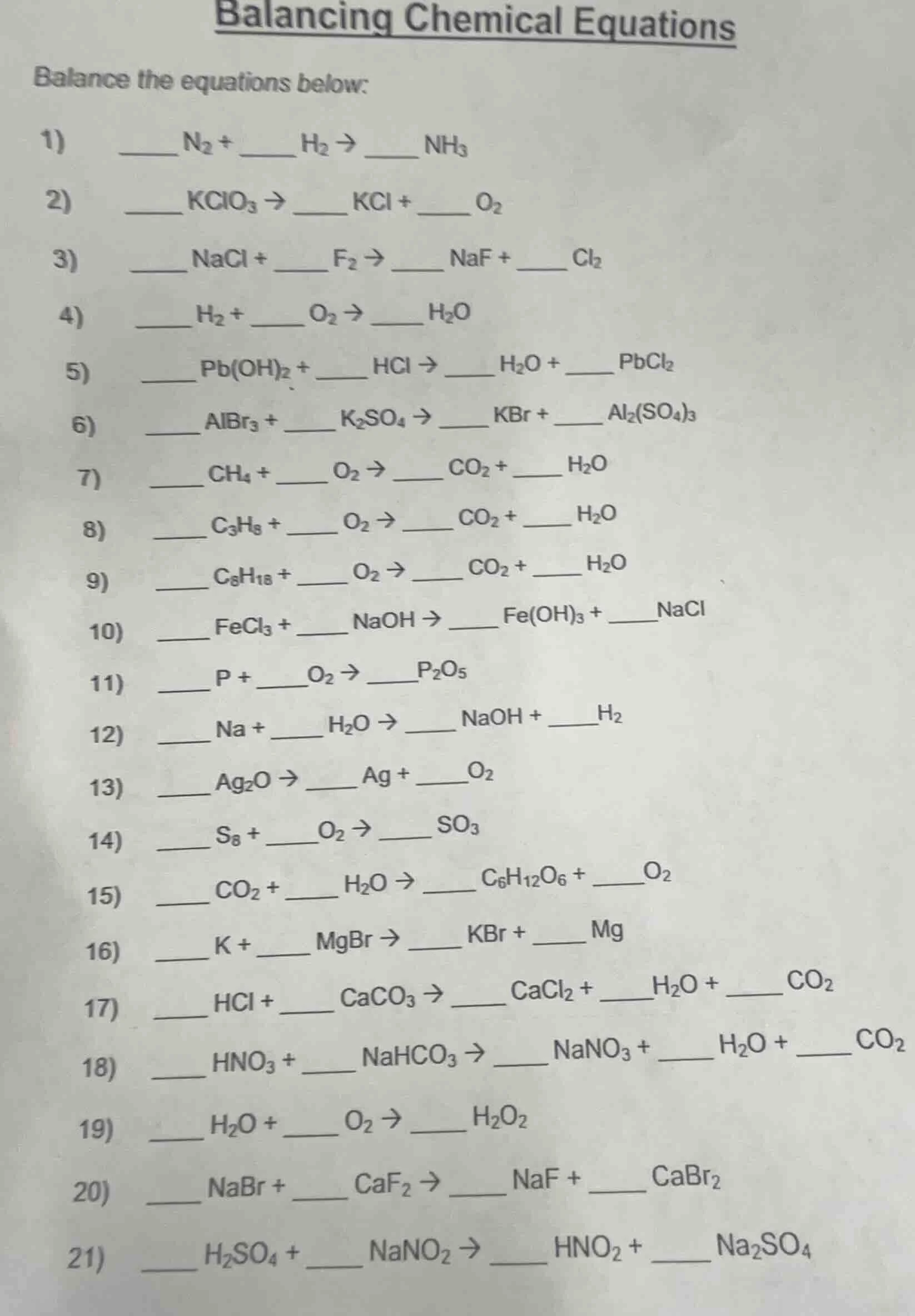 balancing chemical equations balance the equations below: 1) ____ $\tex…