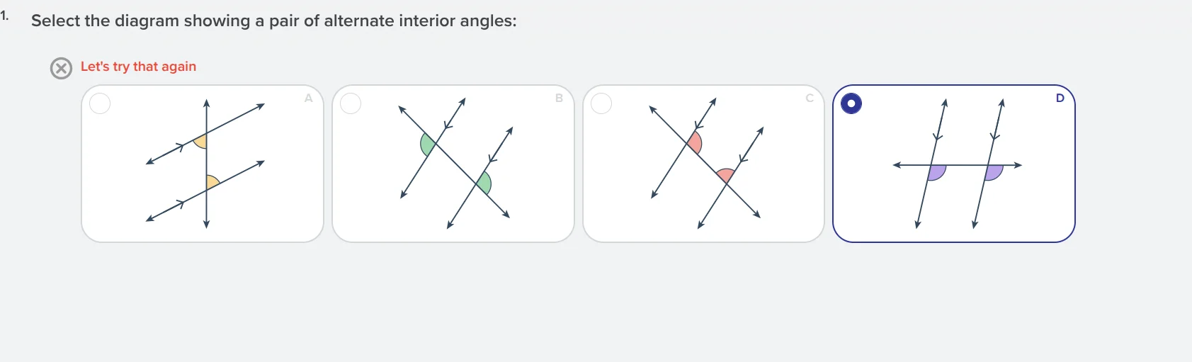 1. select the diagram showing a pair of alternate interior angles: lets…