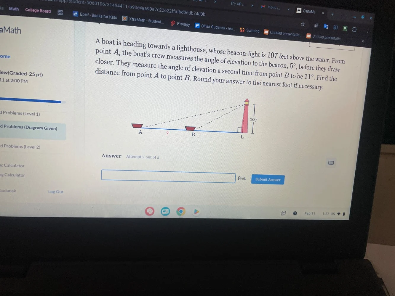 a boat is heading towards a lighthouse, whose beacon-light is 107 feet …