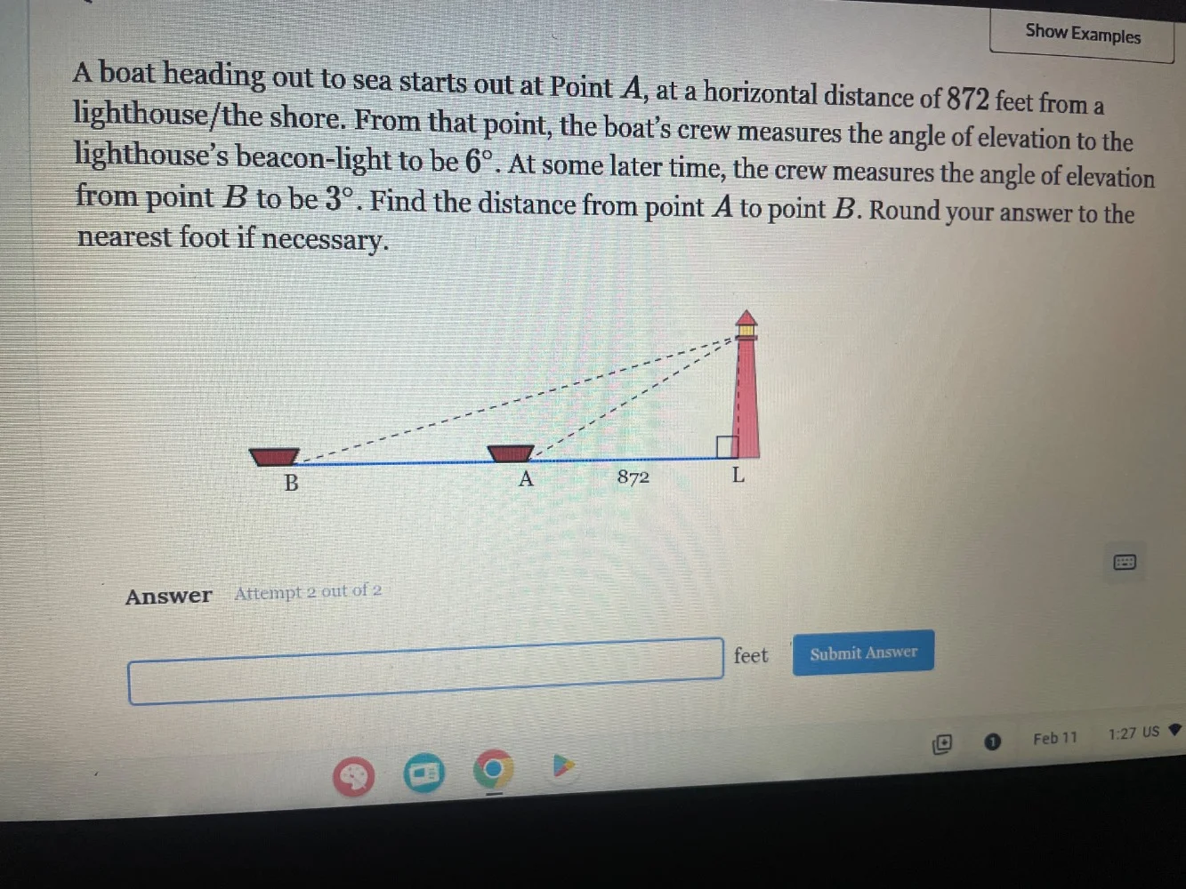 a boat heading out to sea starts out at point $a$, at a horizontal dist…