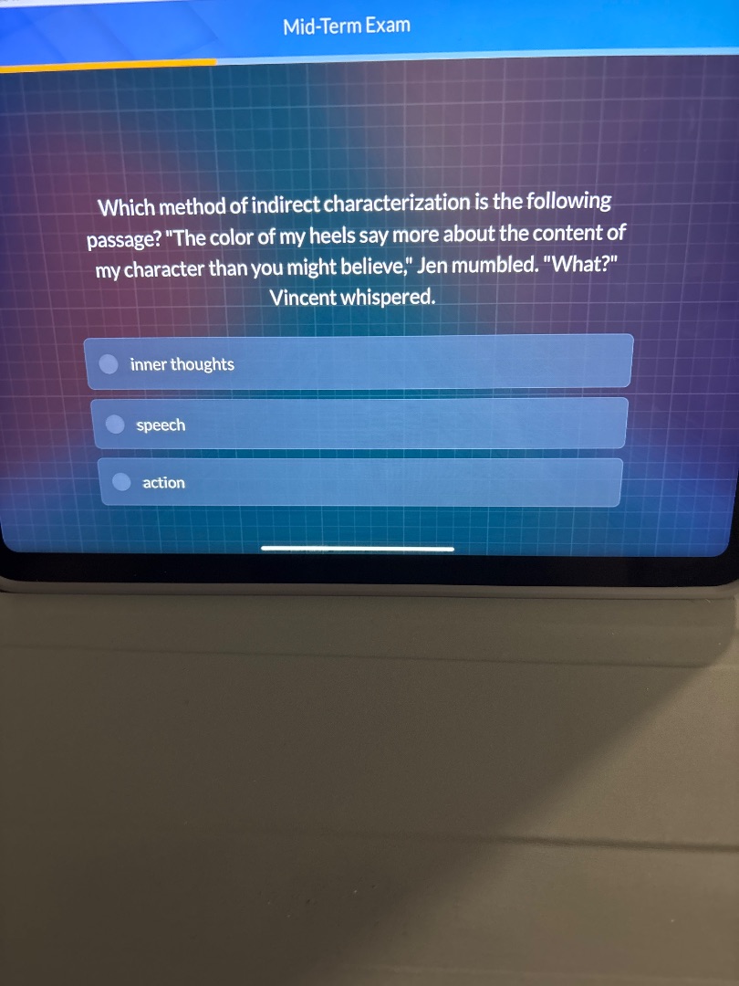 mid-term exam which method of indirect characterization is the followin…