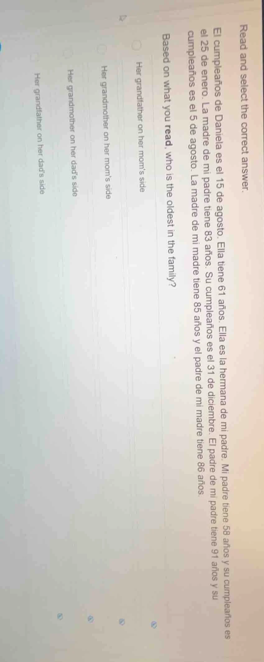 read and select the correct answer. el cumpleaños de daniela es el 15 d…