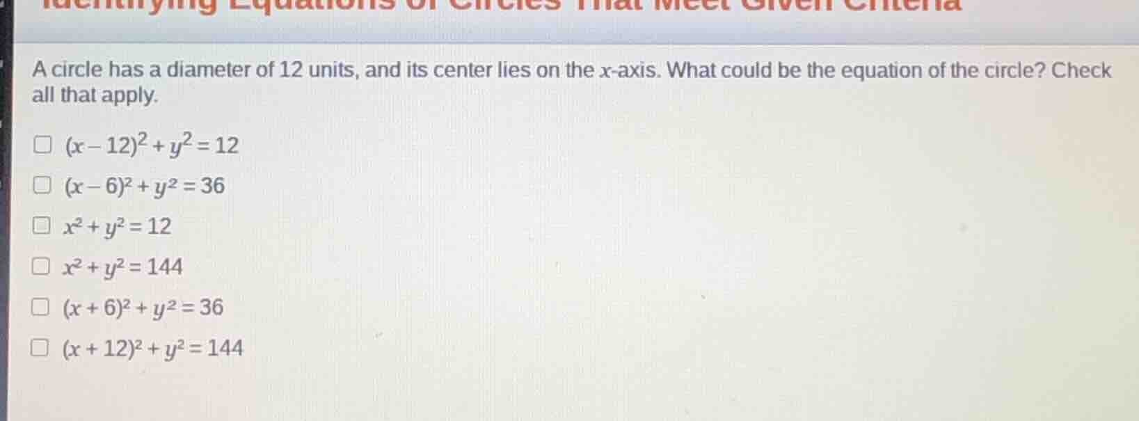 a circle has a diameter of 12 units, and its center lies on the x-axis.…