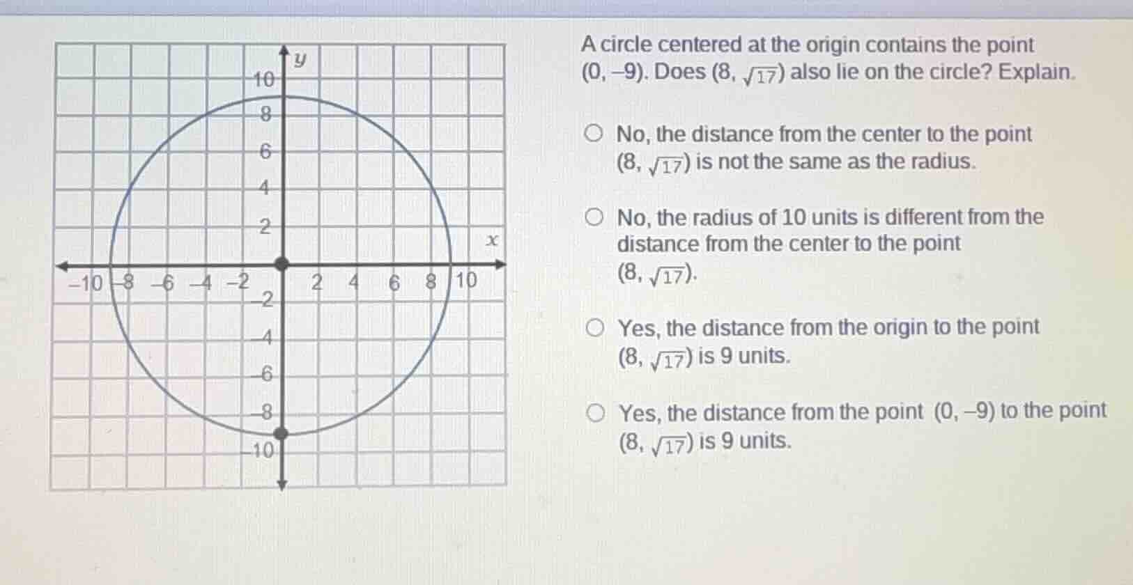 a circle centered at the origin contains the point (0, -9). does $(8, \…