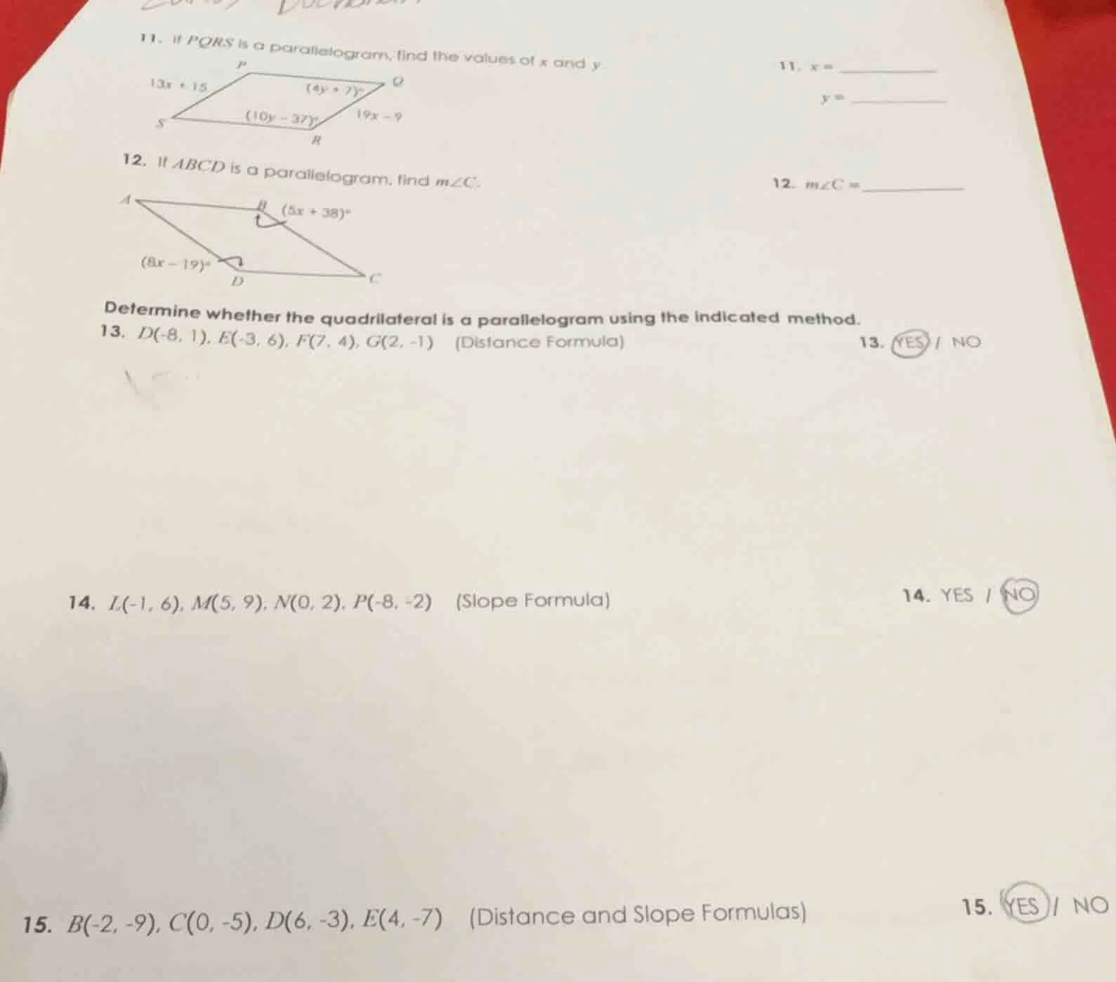 11. if pqrs is a parallelogram, find the values of x and y.11. x = ____…